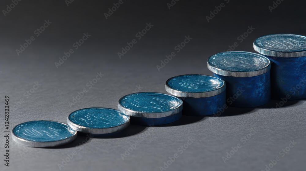 Poster merging blue and silver coins arranged in bar chart formation, illustrating growth and financial pro