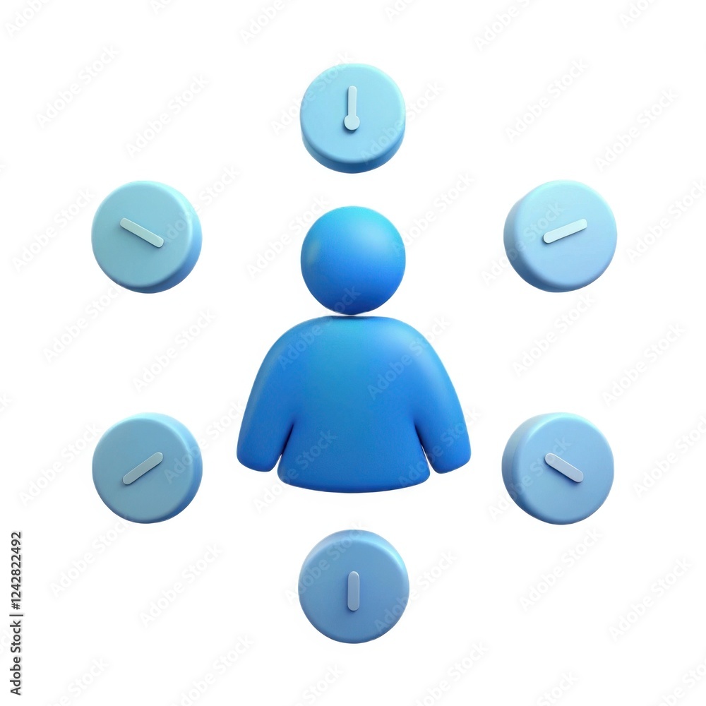 Poster a blue icon of a person is surrounded by circular buttons, suggesting connectivity or communication 