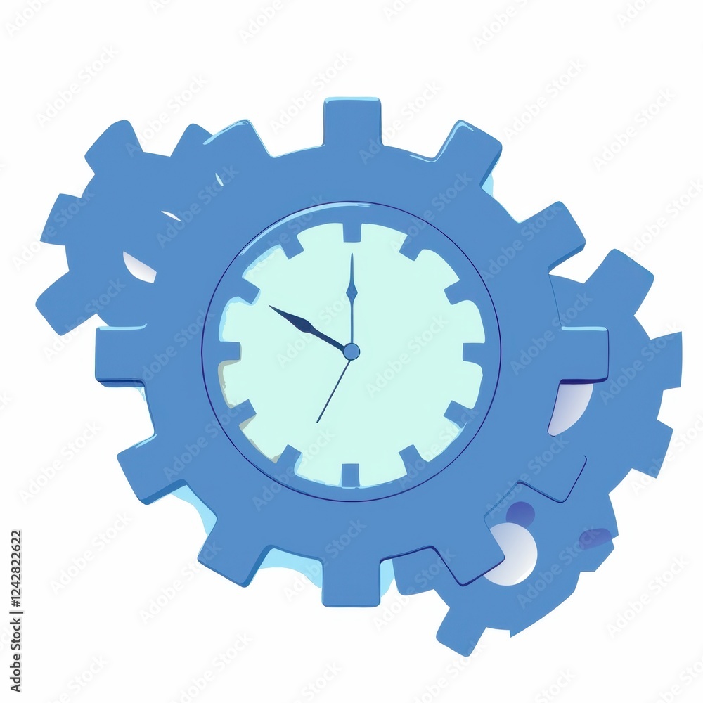 Poster a blue gear clock illustration, blending mechanical elements with a timekeeping function, symbolizin