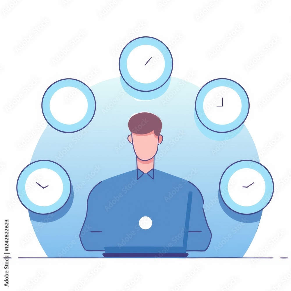 Poster a person working on a laptop is surrounded by clocks, symbolizing time management and multitasking i