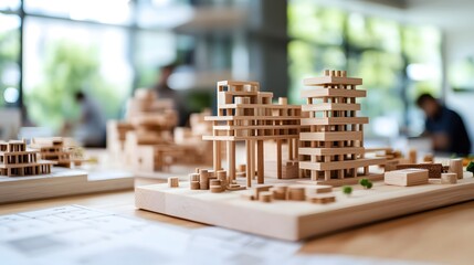 Modern Architectural Wooden Model Design Showcase in Office Setting