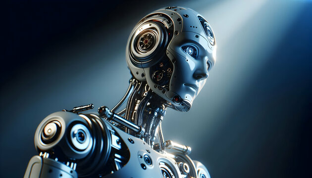 AI Robot icon Dramatic angle of a humanoid robot observing its surroundings