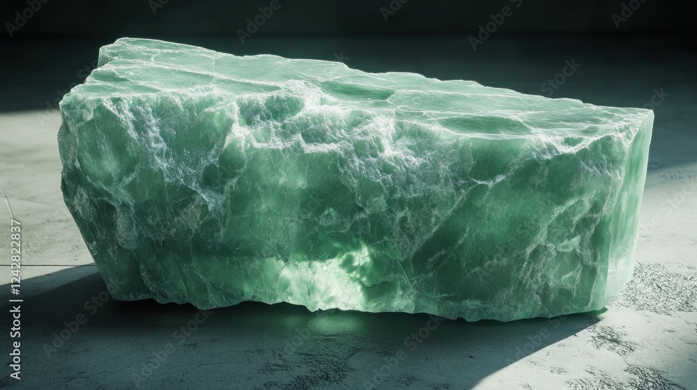 Poster a large translucent green gemstone rests on a surface