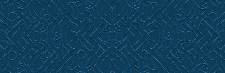Banner, cover design. Geometric ethnic openwork 3D pattern, blue background, embossing, vintage. Boho style. Relief decorative ornaments, arabesques of the East, Asia, India, Mexico, Aztec, Peru.