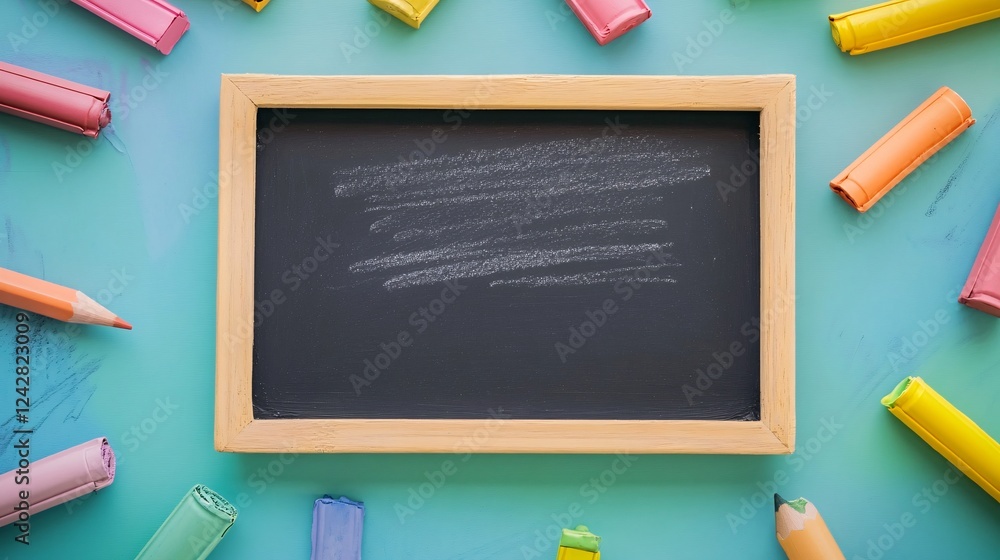 Aufkleber empty blackboard surrounded by colorful crayons and pencils on turquoise table