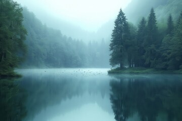 Serene Misty Lake Surrounded by Lush Forest Reflections in Tranquil Nature Setting