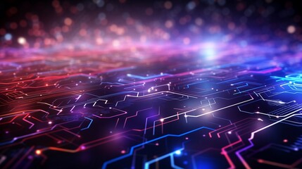 Fototapeta premium Abstract digital network circuit board background banner with flowing light, colorful data dots, and futuristic connections, big data technology