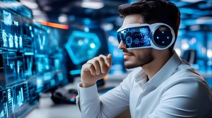 man wearing vr headset, futuristic tech - metaverse