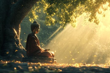 Obraz premium Buddha statue meditating, sunlight, leaves, peaceful garden, spirituality