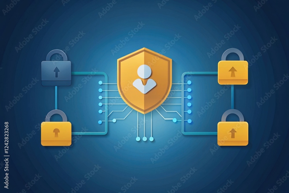 Poster a digital illustration of a security shield surrounded by padlocks and data lines, symbolizing cyber
