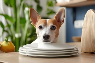 Adorable Dog Hiding Behind Stack of Plates Kitchen Setting