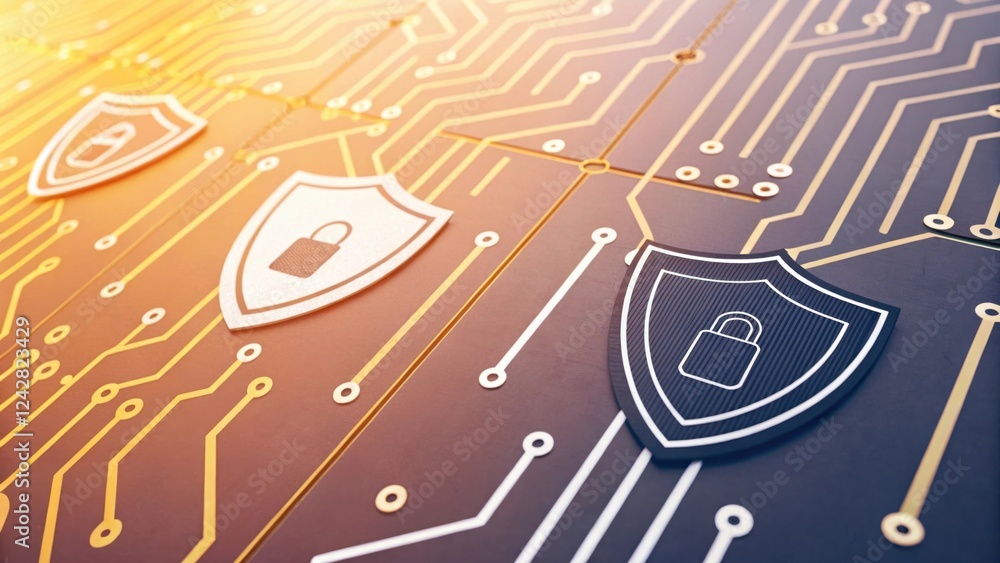 Poster a digital circuit board featuring shield icons with padlocks, symbolizing cybersecurity and data pro