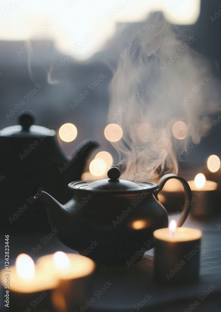 Poster close-up of a black teapot with a lid and handle, placed on a wooden table. there are several lit ca