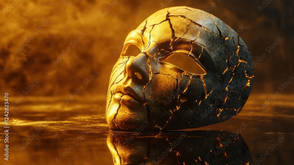 Poster cracked golden mask resting on a reflective surface under warm light with an abstract background. ge
