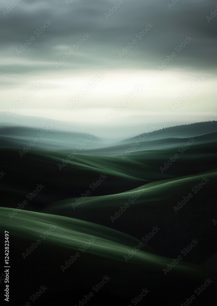 Poster landscape photograph of a vast open field with rolling hills in the background. the sky is cloudy an