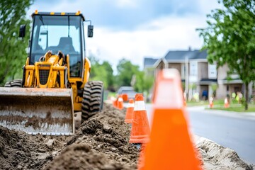 Yellow Loader Excavating Dirt Road Construction Site