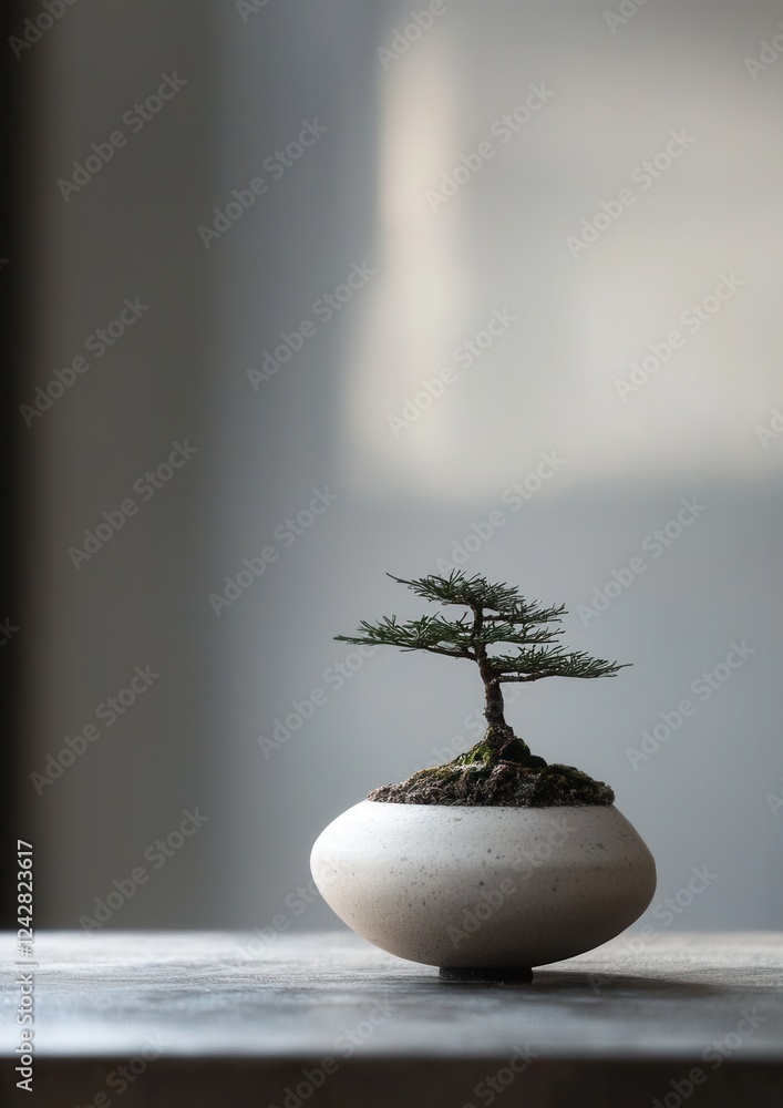 Poster photograph of a small bonsai tree in a white ceramic pot. the pot is sitting on a wooden surface wit