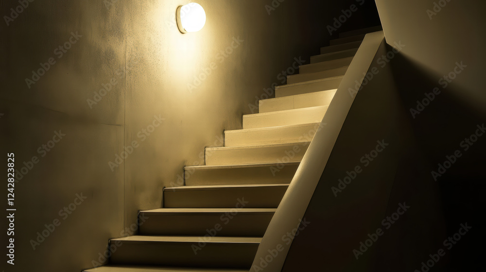 Aufkleber minimalist staircase illuminated by single light fixture, creating warm and inviting atmosphere. sof