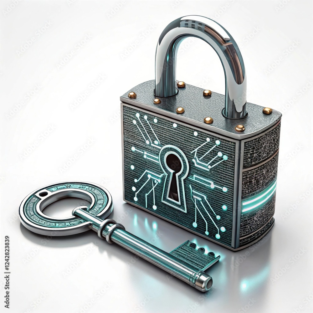 Poster a futuristic padlock and key design, featuring circuit patterns and glowing details, symbolizing sec