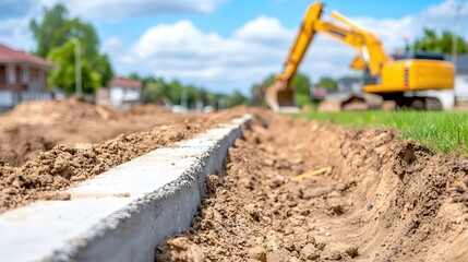 New Curb Construction Site Sunny Day Excavator Background