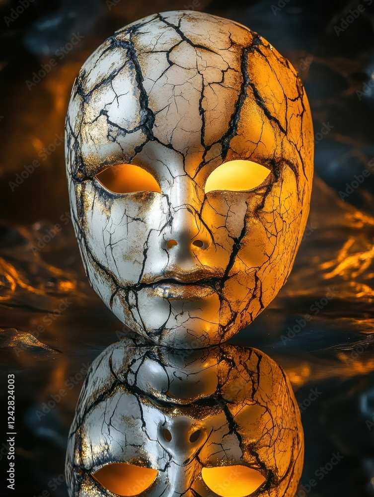 Aufkleber cracked mask with glowing eyes reflecting on surface in an abstract background. generative ai