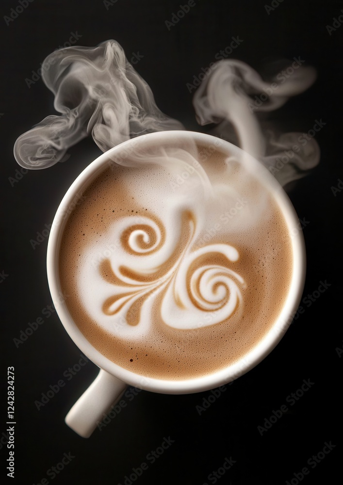Poster close-up of a cup of coffee. the cup is white and has a handle on the side. the coffee is a light br