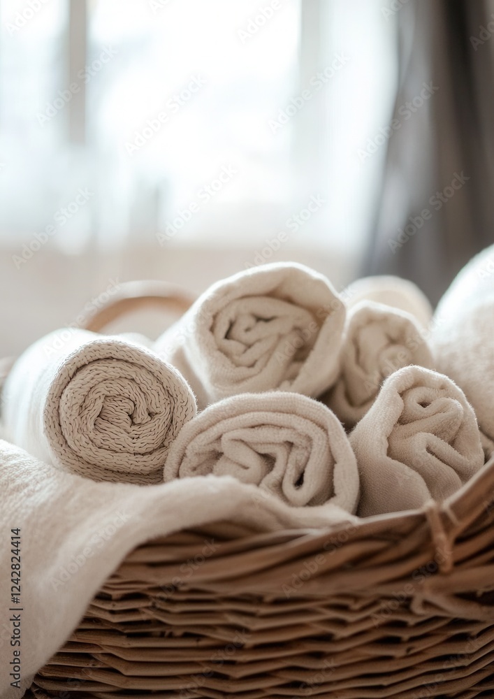 Poster basket filled with folded white towels. the towels are neatly folded and stacked on top of each othe
