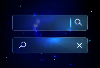Futuristic Blur Neon Glass Search Bars. Glassmorphism screen smartphone. Transparent matt glass plates on the Cosmic Blue Nebula. Abstract  blue futuristic background with black hole and stars