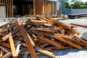 Demolished Building Wooden Debris Pile Construction Site Waste Removal