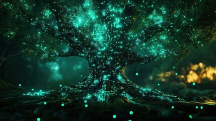 Obraz premium Luminous Digital Tree Illuminated In A Dark Forest