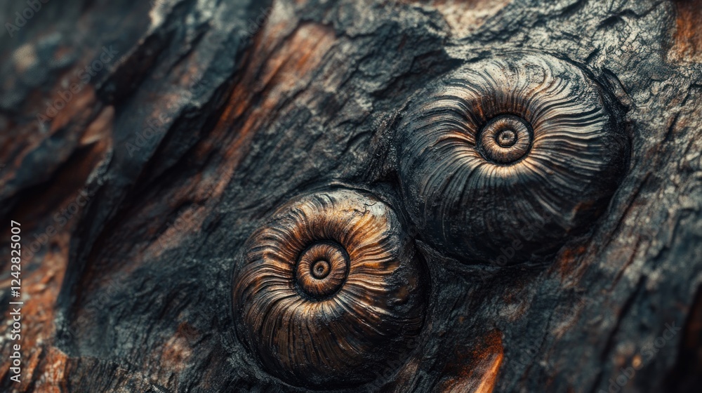 Poster two spiral shells embedded in dark wood grain