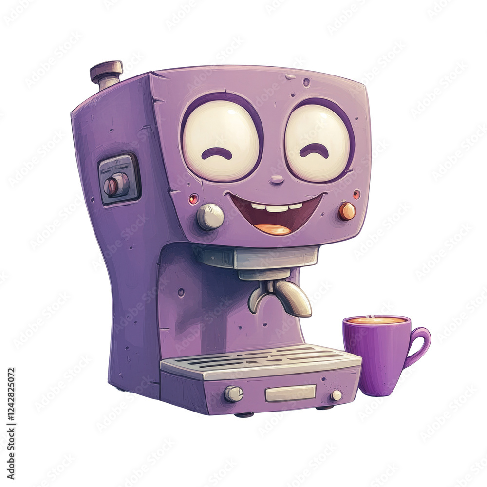 Poster a cheerful cartoon espresso machine with a smiling face makes a cup of coffee.