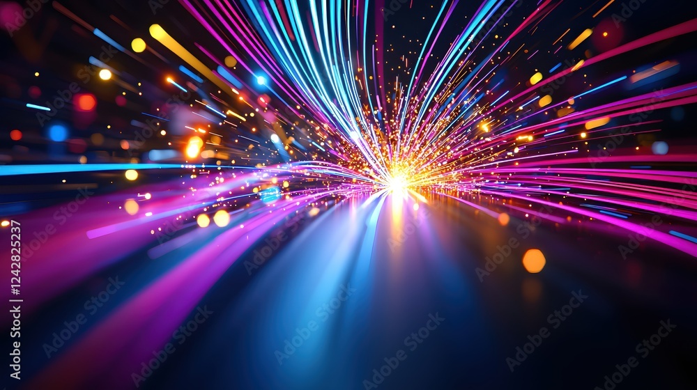 Poster vibrant neon light streaks exploding in a dark cosmic space abstract background