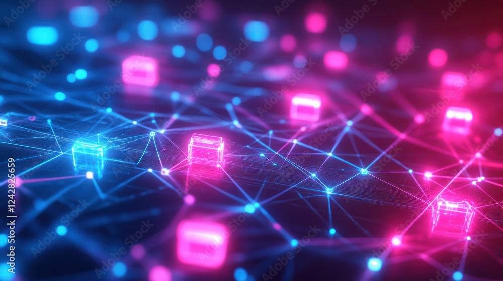 Poster abstract network of glowing cubes linked by lines, with a digital bokeh background for tech concept