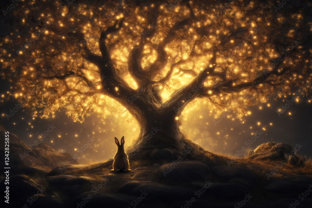 Poster rabbit sits under a glowing tree of life in a magical forest at night, creating a mystical and encha