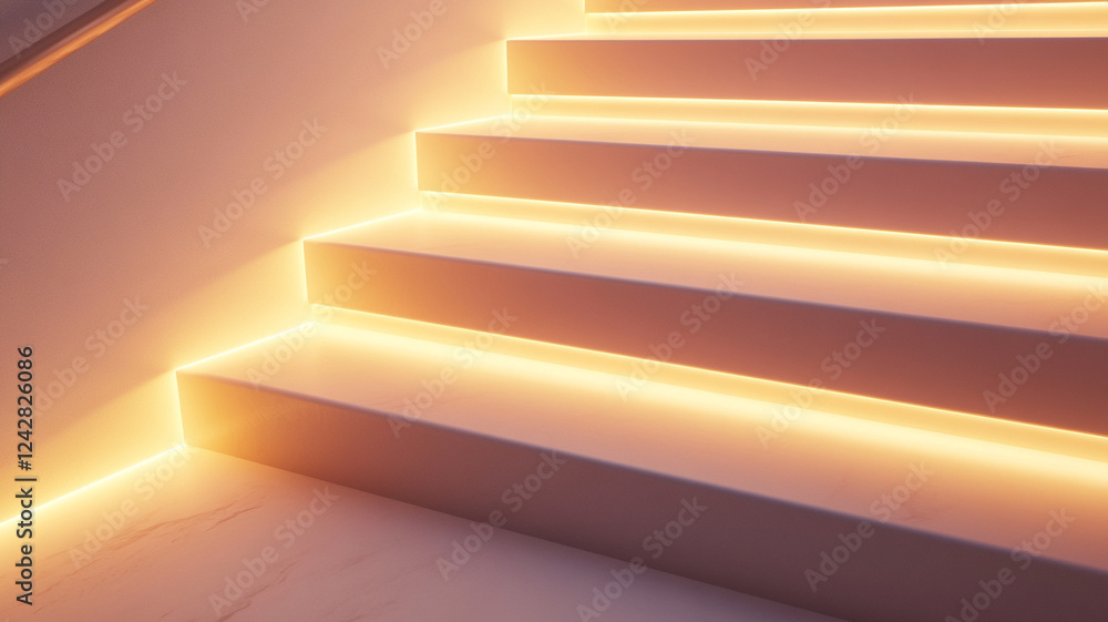 Poster illuminated stairs with soft ambient lighting create serene atmosphere, enhancing modern design and 