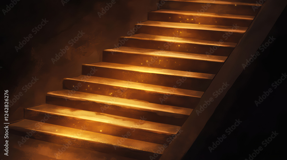 Poster stairs illuminated by soft ambient lighting, creating warm and inviting atmosphere. gentle glow high