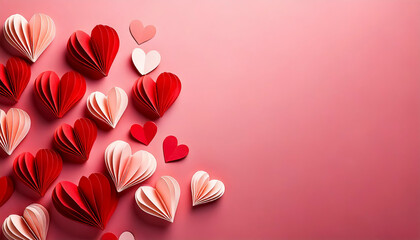 紙で作ったたくさんのハートの形のカード　ピンクの紙の上で飛ぶように散らばる　バレンタインの背景　Valentine's Day 2月14日・結婚式・デコレーションされた赤い背景　