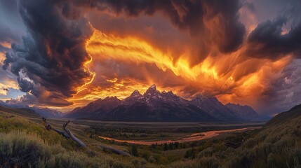 Fiery Sunset Over Majestic Mountain Range