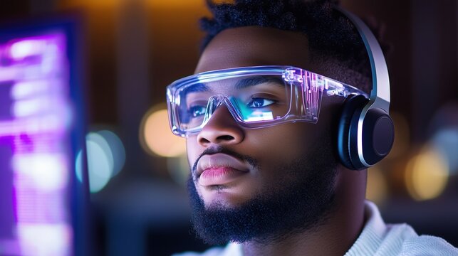Close-up of a man wearing transparent smart glasses and headphones illuminated by colorful lights, focusing on a computer screen. Futuristic technology and innovation.
