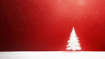 White Christmas Tree on Red Background with Snowflakes
