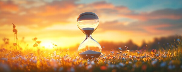 Hourglass measuring time passing in beautiful sunset over wildflower field
