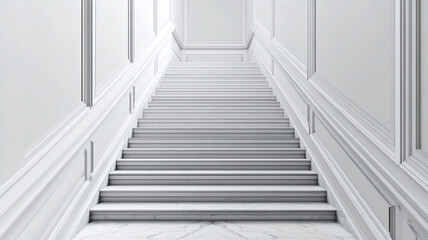Obraz premium Elegant staircase in historic building with intricate details, featuring white walls and marble steps, creating serene and sophisticated atmosphere