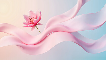 Obraz premium Pink flower floating on silk ribbons in soft light