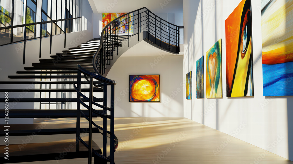 Poster modern art gallery featuring spiral staircase and vibrant artwork on walls. space is illuminated by 