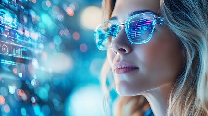 Naklejka premium futuristic woman with ar glasses - metaverse/virtual reality
