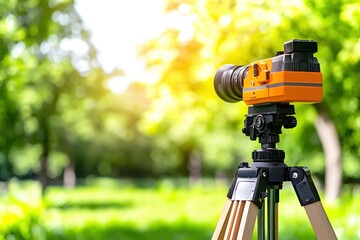 Orange Camera on Tripod in Sunny Green Park Nature Filmmaking Video
