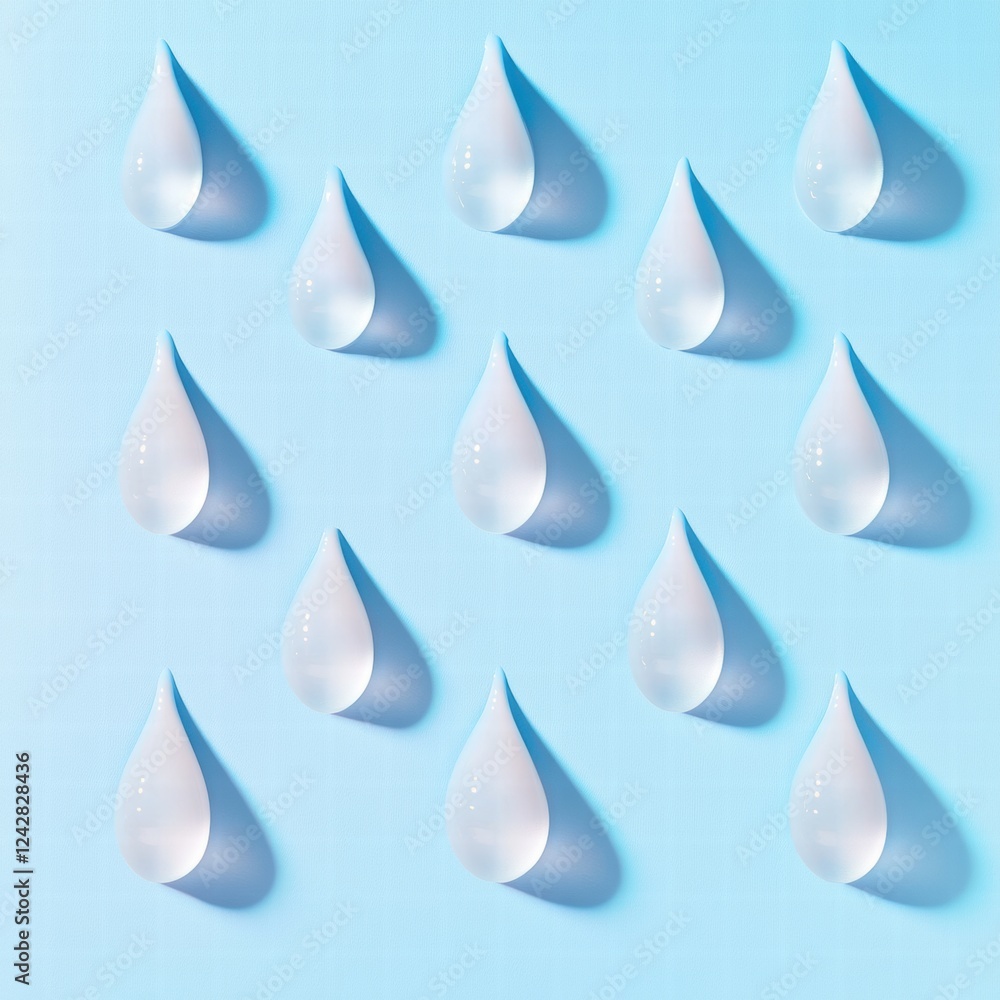 Poster water droplets arranged in an artistic pattern on a light blue background showcasing reflections and