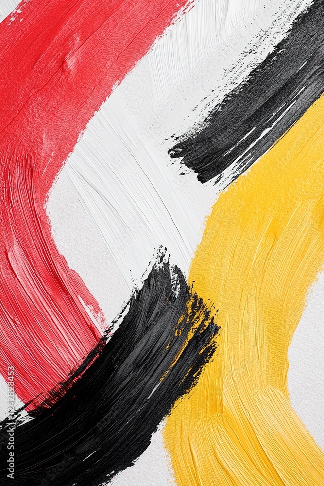 Poster dynamic brushstroke patterns in red, yellow, and black form a vivid design, leaving a central space 
