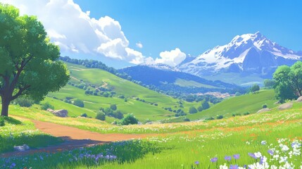 Obraz premium Serene Mountain Valley Spring Wildflower Meadow Landscape